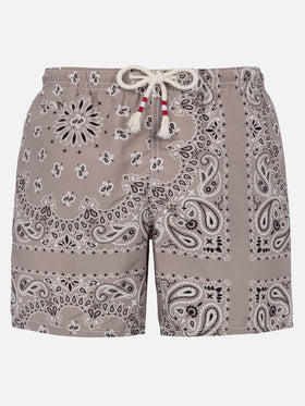 Mid-length swim-shorts Caprese with beige bandanna print