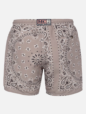 Mid-length swim-shorts Caprese with beige bandanna print