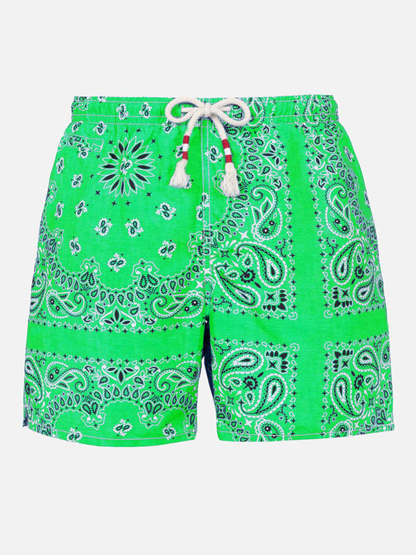 Man swim shorts with green bandanna print