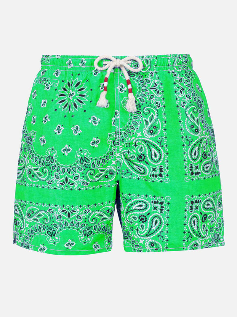 Man swim shorts with green bandanna print