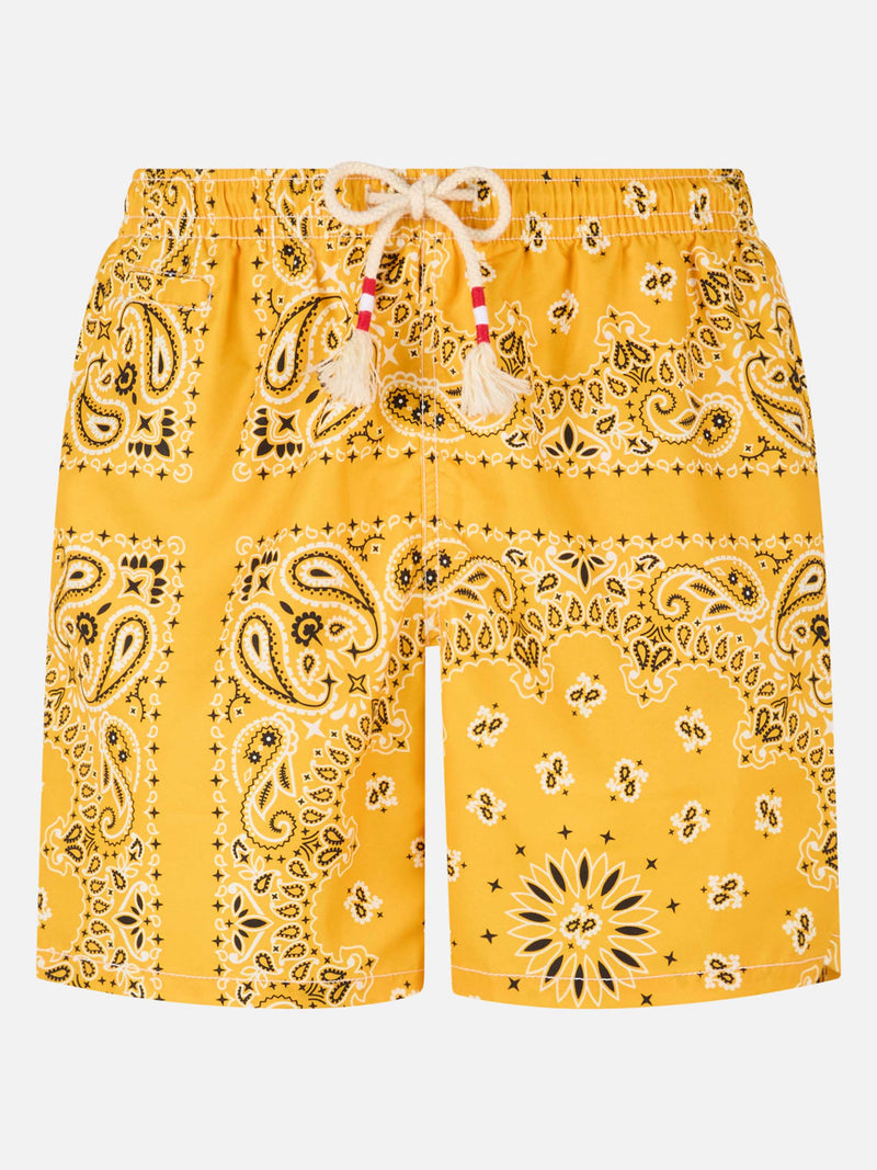 Man swim shorts with ochre bandanna print