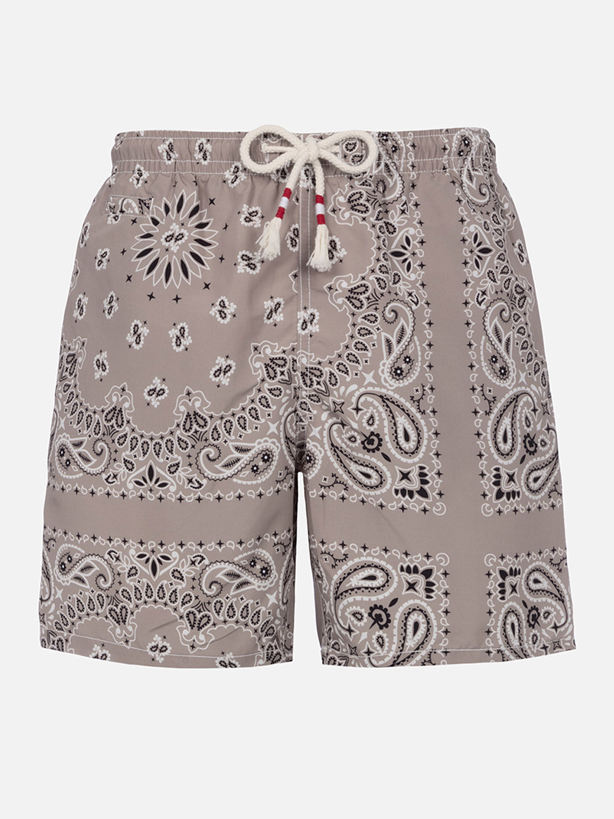 Mittellange Badeshorts Caprese mit beigem Bandanna-Print