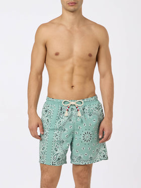 Costume mare lunghezza media Caprese con stampa bandana verde salvia