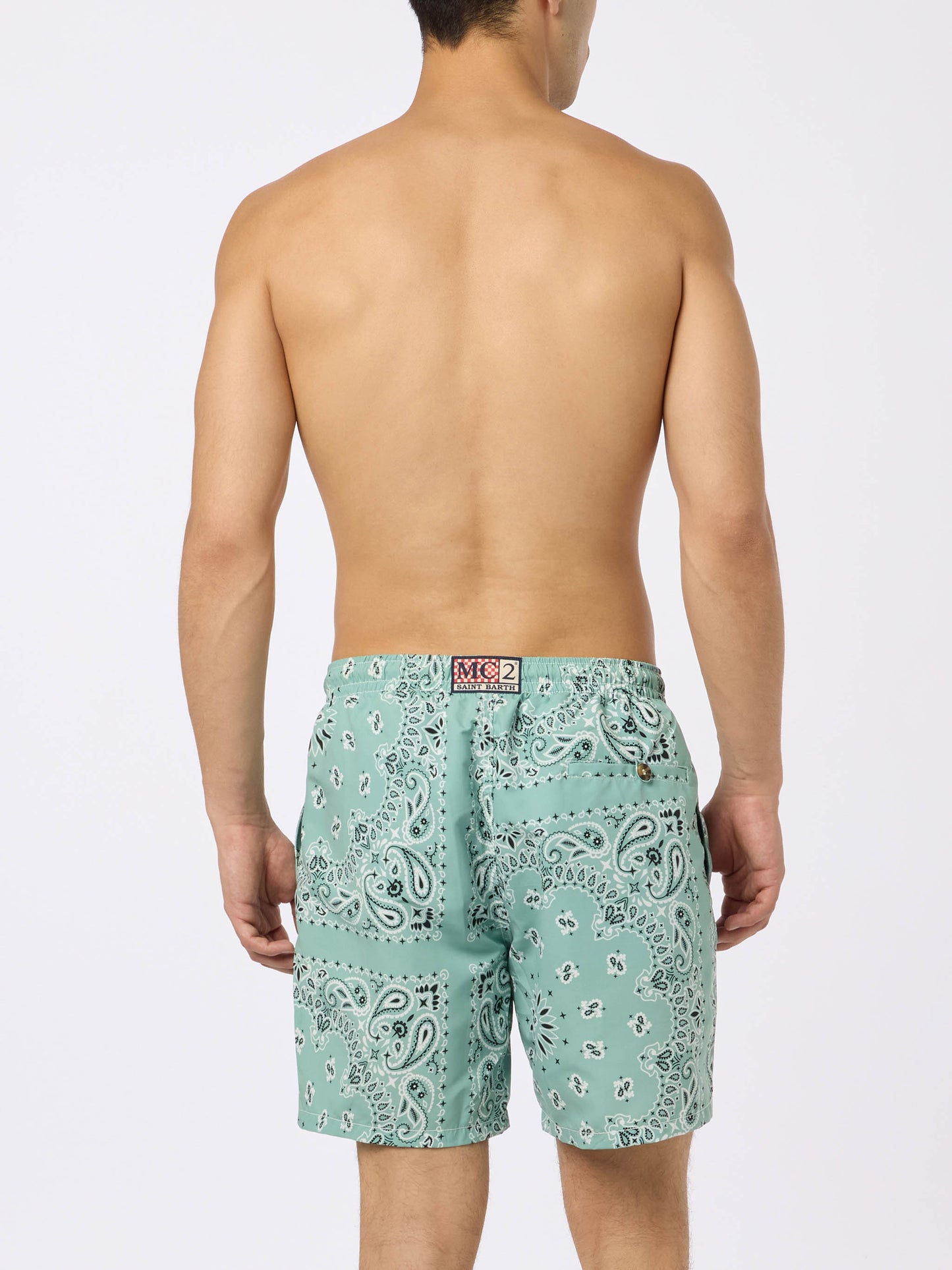 Costume mare lunghezza media Caprese con stampa bandana verde salvia
