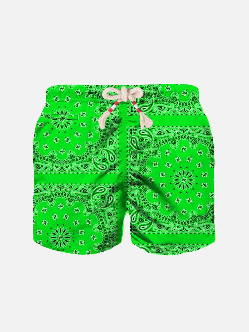 Boy fluo green swim shorts with bandanna print