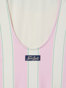 Cara pink and white striped one-piece swimsuit with Beach Club print