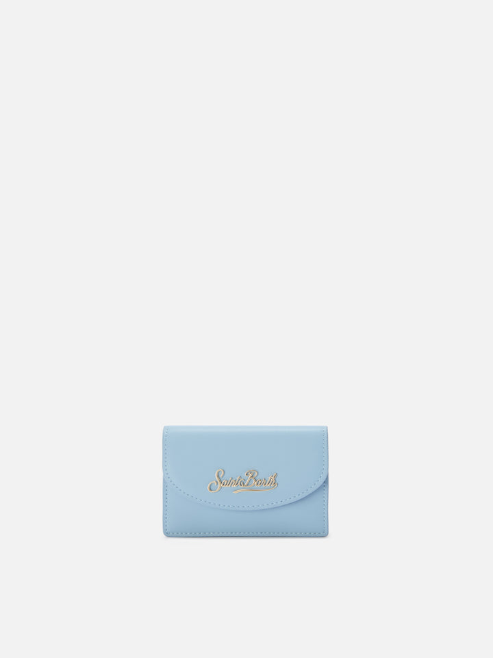 Light blue smooth leather card holder with metal logo