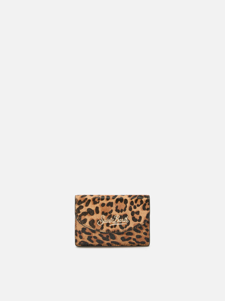 Card Holder in brushed leather and leopard-print calf hair