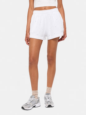 Shorts pull-up Cate de algodón blanco con adorno de strass a rayas 