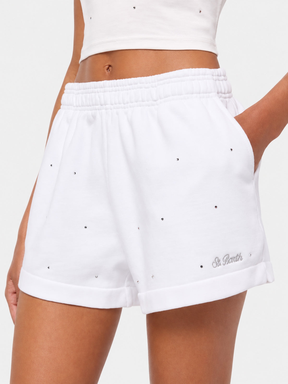 Shorts pull-up Cate de algodón blanco con adorno de strass a rayas 