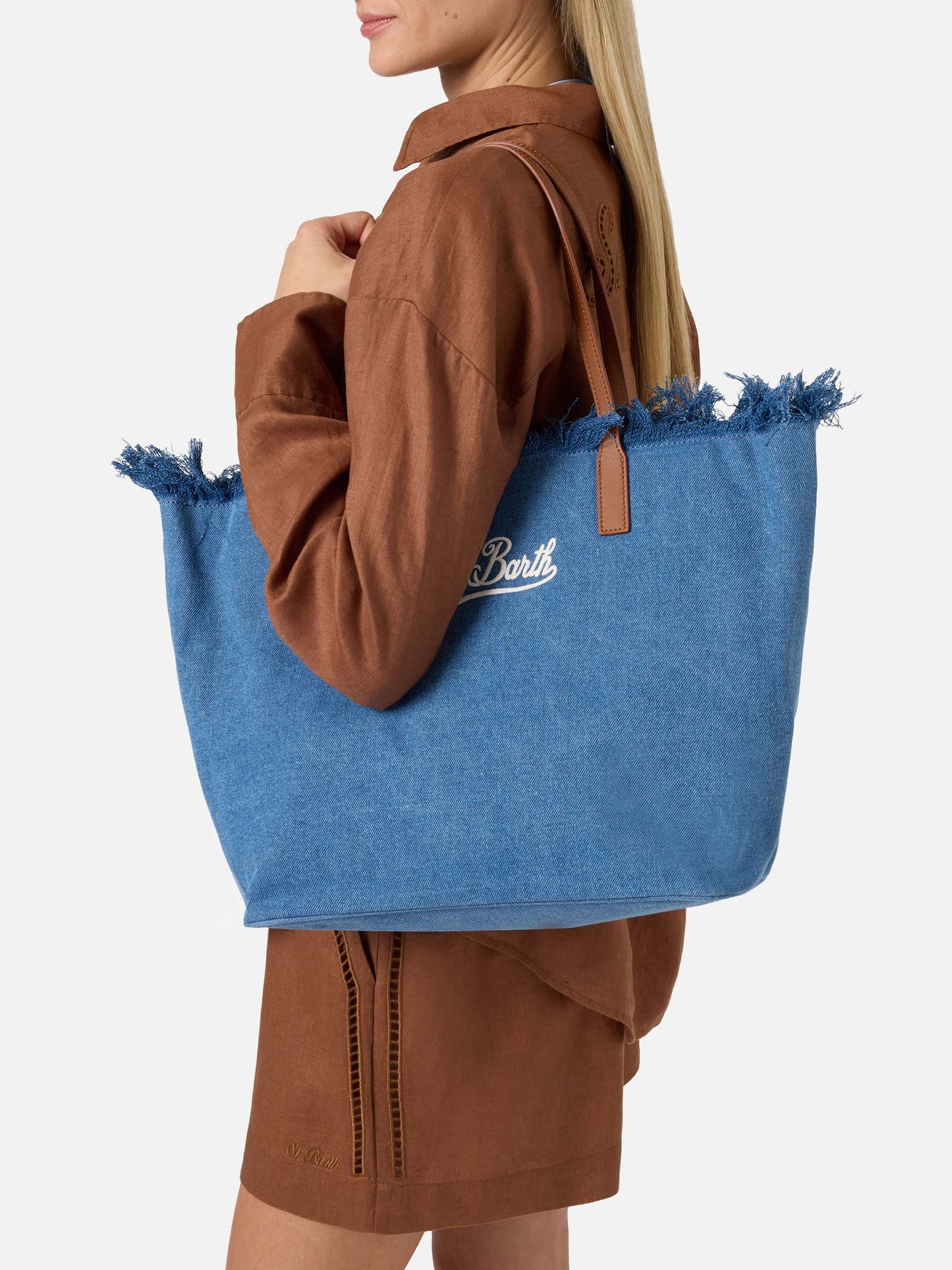 City regular bag in denim fabric with fringes