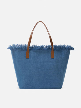 City regular bag in denim fabric with fringes