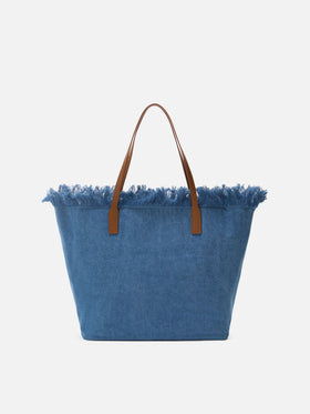 Borsa City regular in tessuto denim con frange