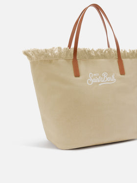 Beige regular City canvas bag with fringes