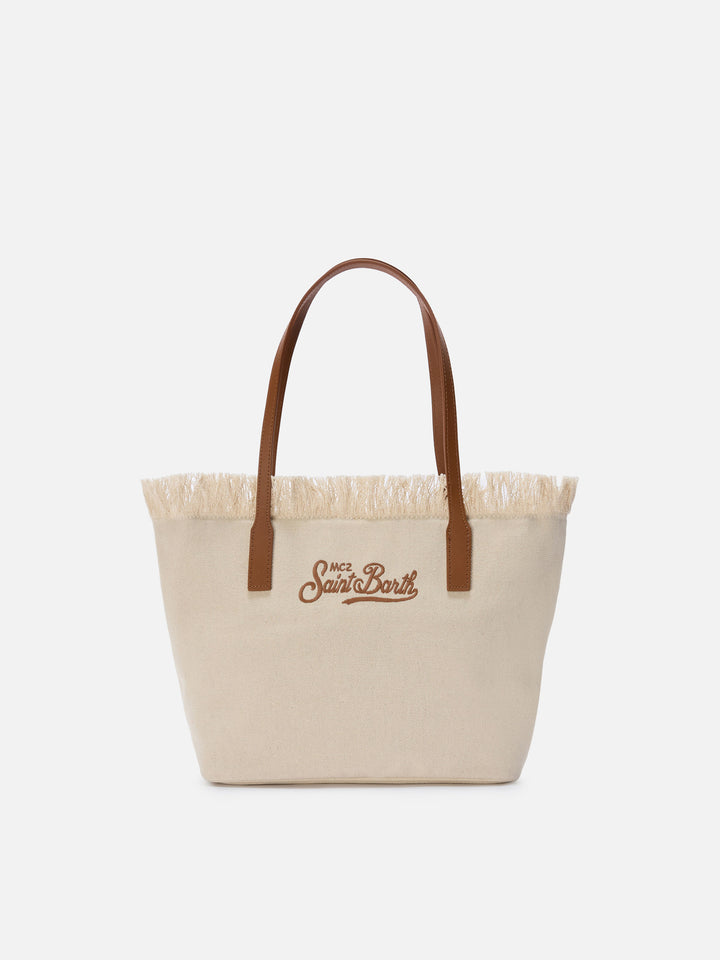 Borsa shopper City medium bianca in canvas con frange