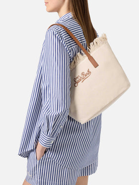 Borsa shopper City medium bianca in canvas con frange