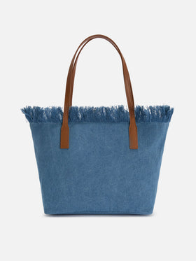 Medium City shopper bag in denim fabric with fringes