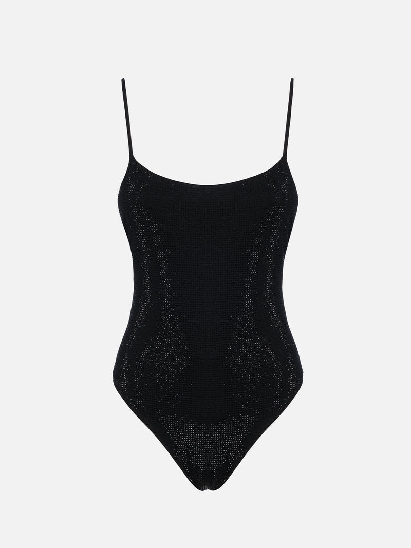 Woman black one-piece swimsuit Cecille with rhinestones