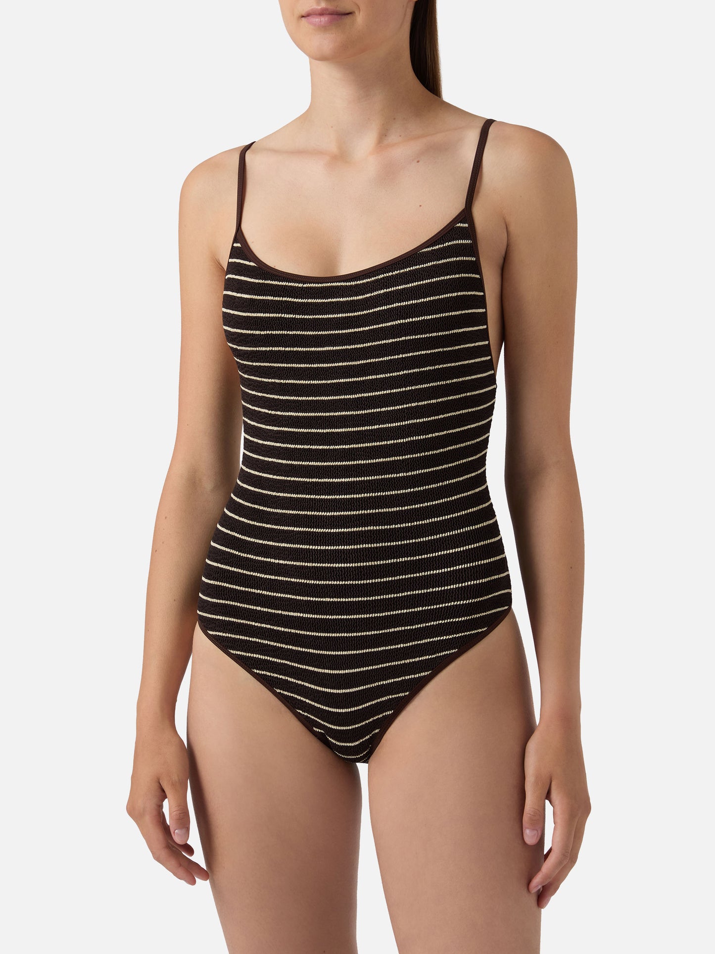 Cecille String one-piece swimsuit in brown and white striped crinkle fabric