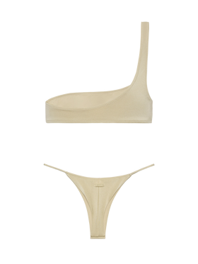 Jodene shimmer gold cheeky swim briefs - Celestine shimmer gold one-shoulder bralette top - MC2 Saint Barth