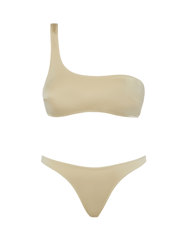 Celestine Naomi shimmer gold bikini with one-shoulder bralette top and cheeky briefs
