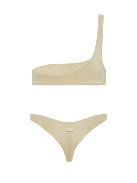 Schimmernde, goldene Cheeky-Badehose „Naomi“ – schimmerndes, goldenes One-Shoulder-Bralette-Top „Celestine“