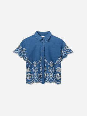 Clementine Jr Shirt in denim-effect chambray with sangallo embroidery