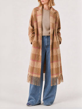 Brown Charlot long coat with fringes and check pattern