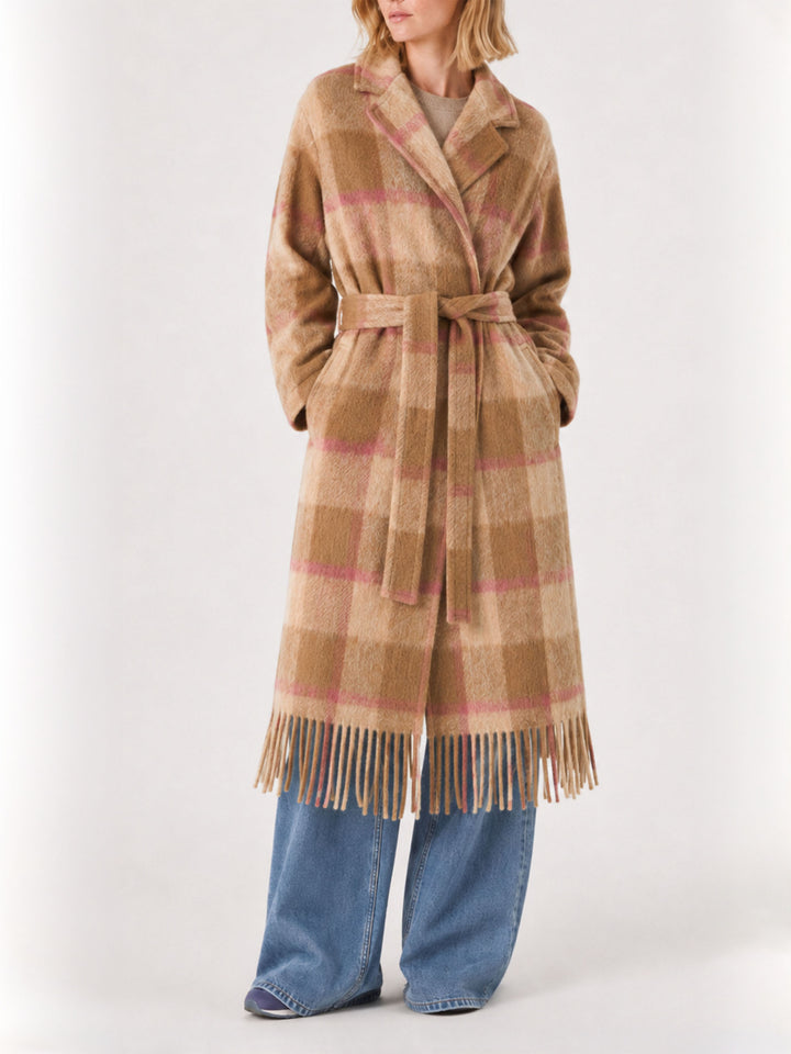 Manteau long Charlot marron avec franges et motif à carreaux 