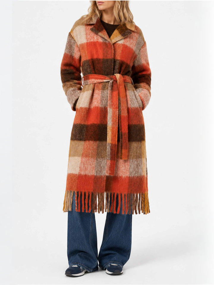 Manteau long Charlot avec franges et motif à carreaux 