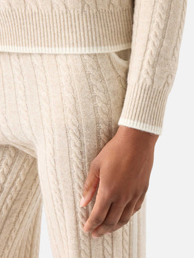 Beiger Strick mit Polokragen aus Clichy Wolle mit Pointelle-Muster 