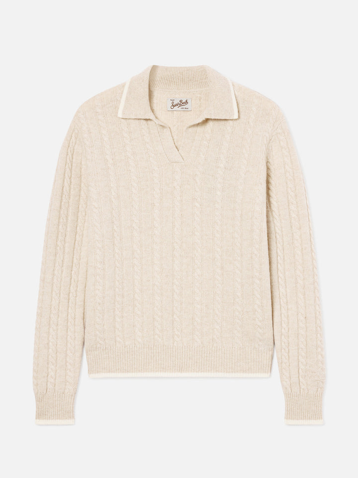 Beige Clichy wool polo collar knit with pointelle stitch