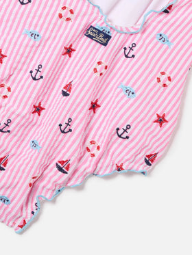 Clio one-piece swimsuit in embroidered seersucker with pink stripes