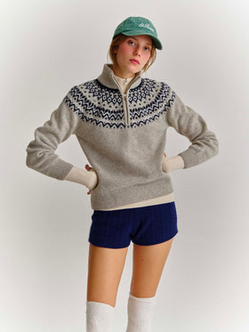 Grauer Clyde Half-Zip-Strick aus Wollmischung mit nordischem Muster 