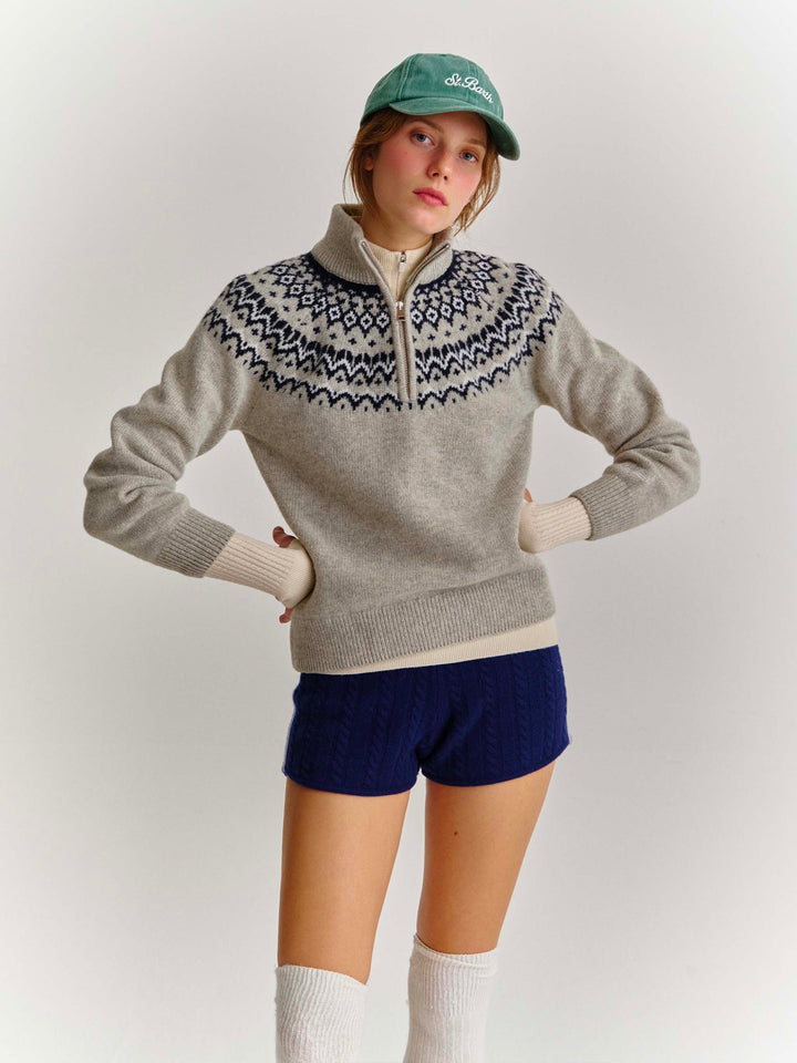 Grauer Clyde Half-Zip-Strick aus Wollmischung mit nordischem Muster 