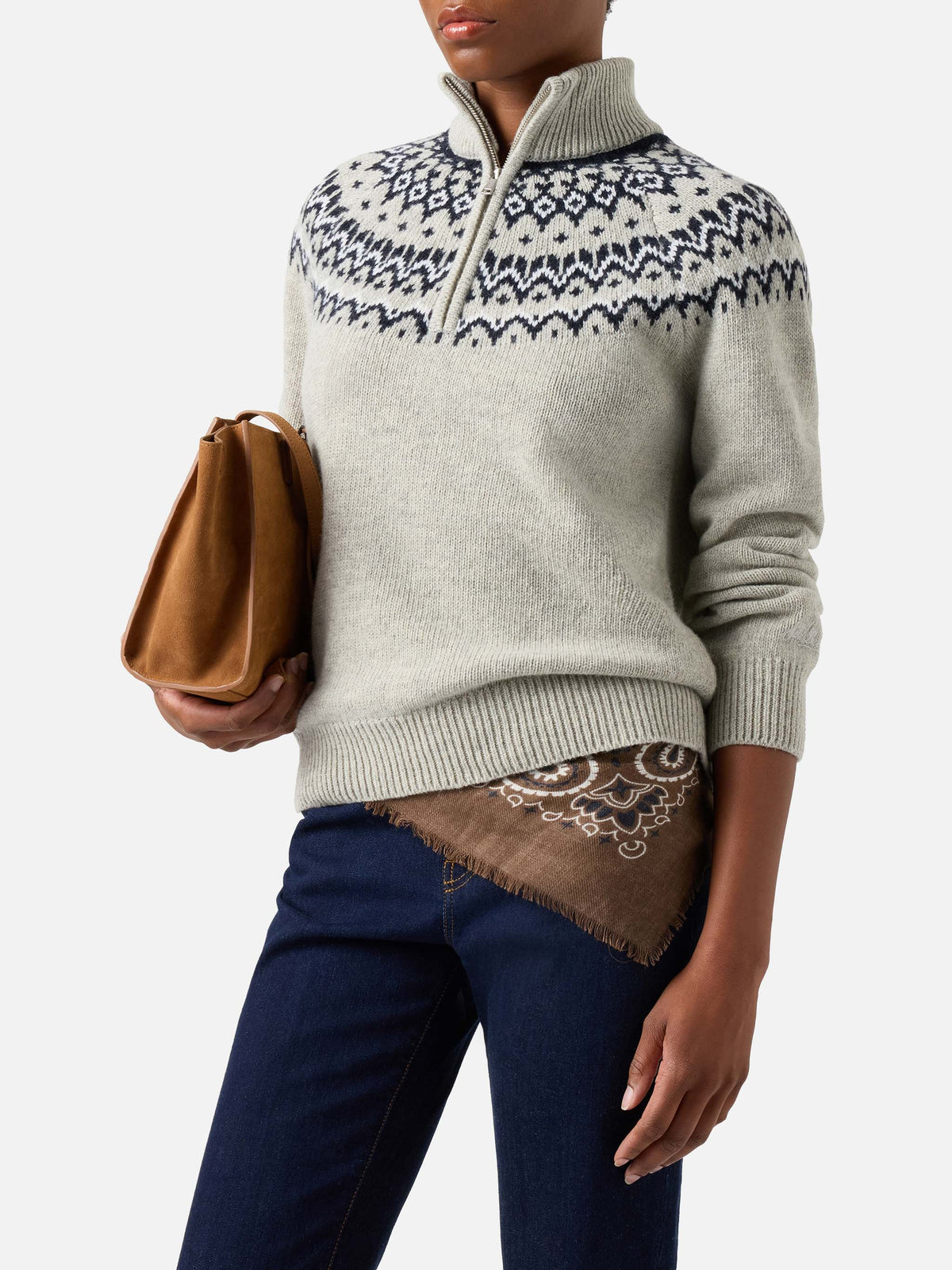 Grauer Clyde Half-Zip-Strick aus Wollmischung mit nordischem Muster 