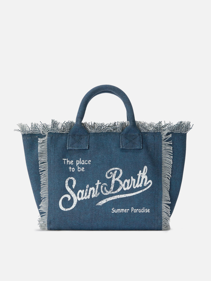 Indigo blue canvas Colette bag with fringes
