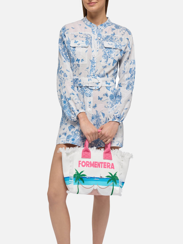 Handtasche Colette aus Baumwollcanvas mit Formentera-Postkartendruck