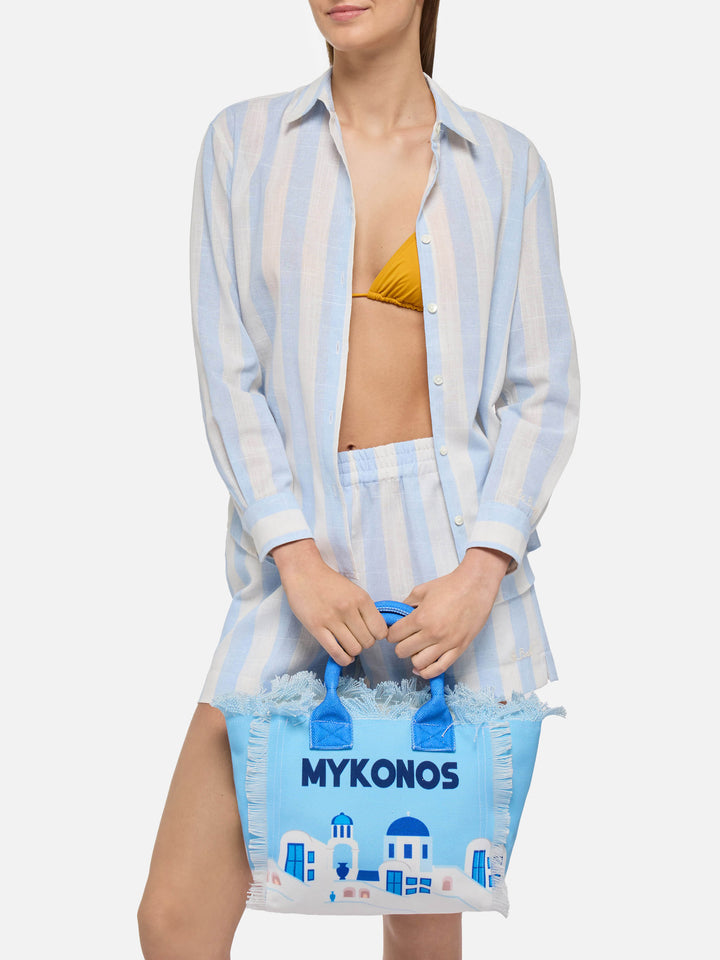 Handtasche Colette aus Baumwollcanvas mit Mykonos-Postkartendruck