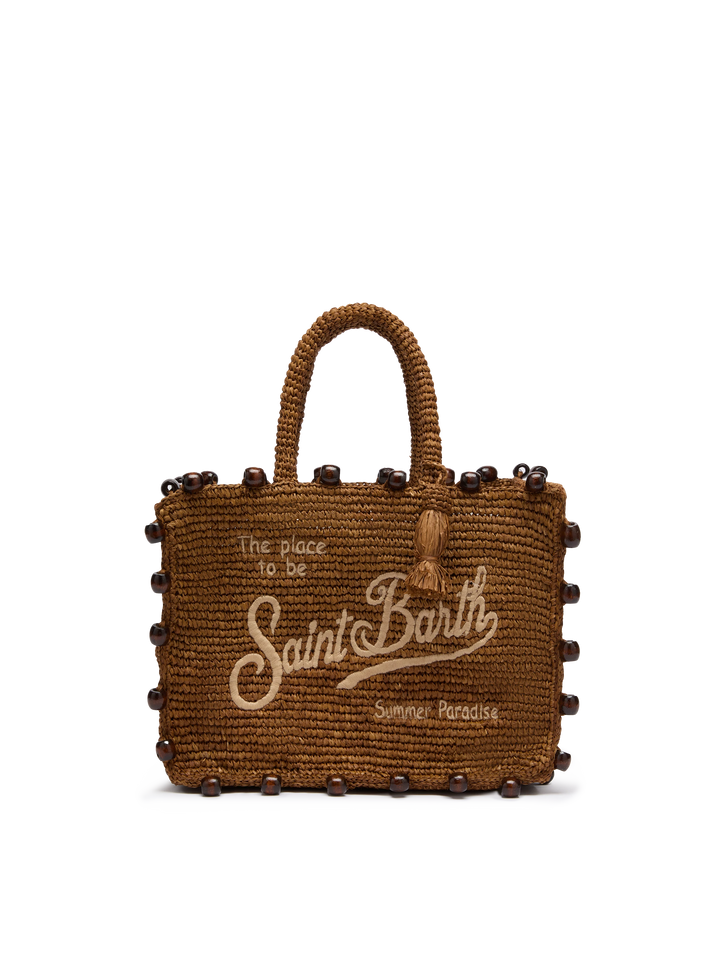Colette Raffia braune Handtasche mit Perlen und Logo-Stickerei