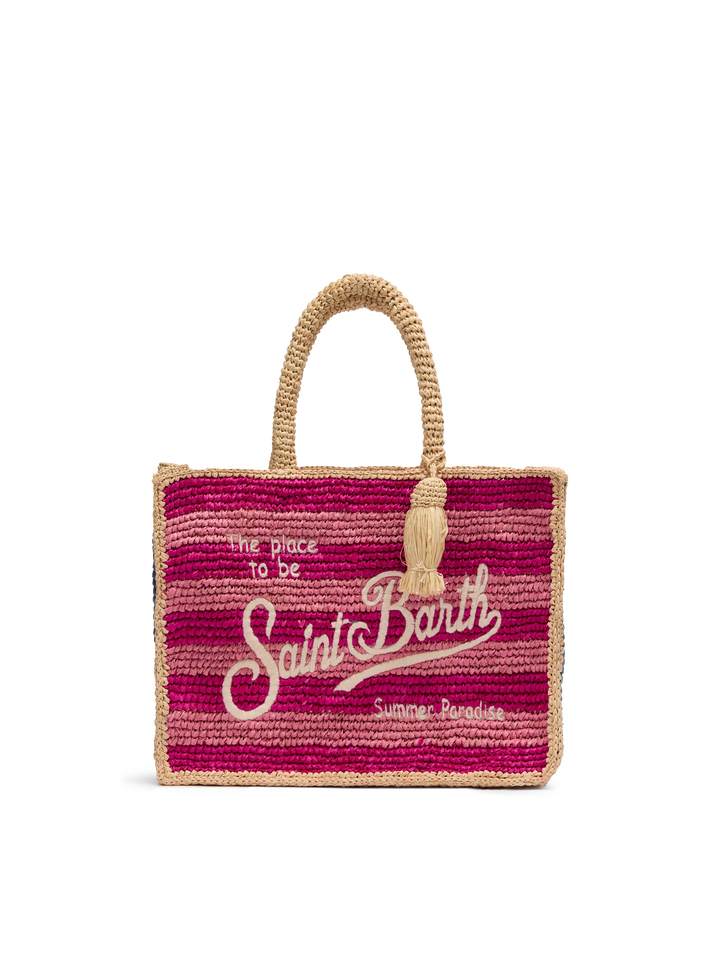 Borsa Colette in rafia a righe multicolore con logo ricamato