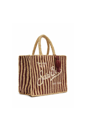 Gestreifte Colette-Tasche aus Raffia mit gesticktem Logo und Quaste 