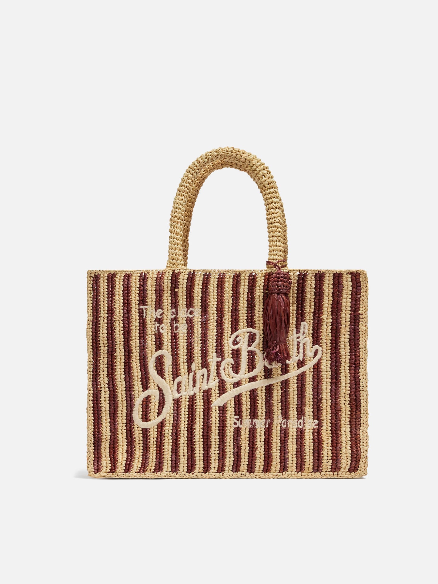 Gestreifte Colette-Tasche aus Raffia mit gesticktem Logo und Quaste 