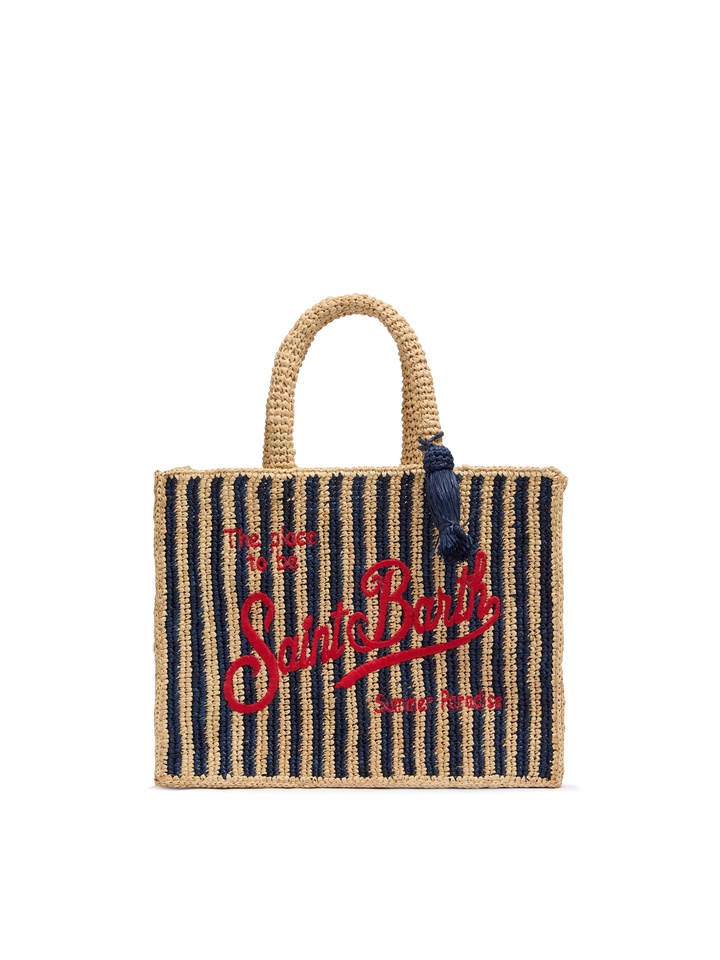 Borsa Colette in rafia a righe blu navy con logo ricamato