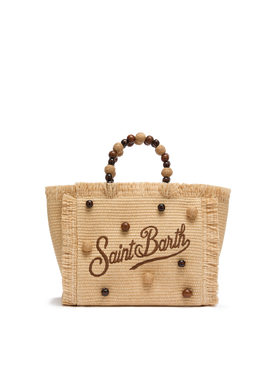 Colette Straw effect handbag with wooden beads and logo embroidery