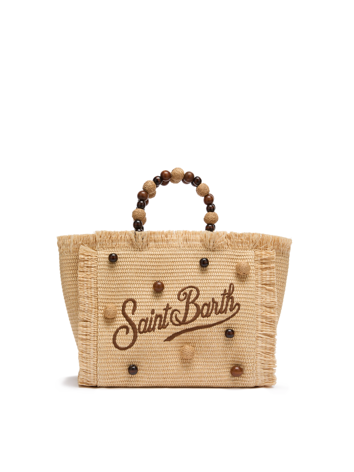 Borsa Colette effetto paglia con perline di legno e logo ricamato
