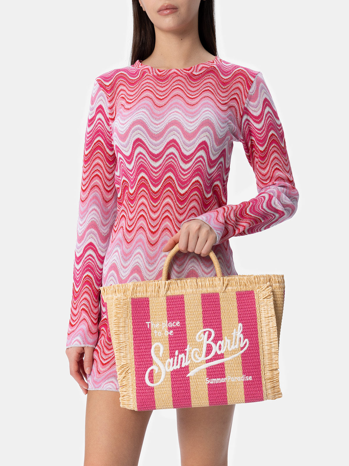 Fuchsia gestreifte Colette Straw-Handtasche mit Stickerei
