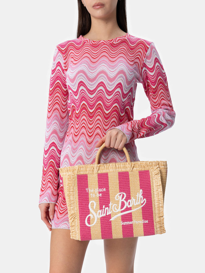 Fuchsia gestreifte Colette Straw-Handtasche mit Stickerei