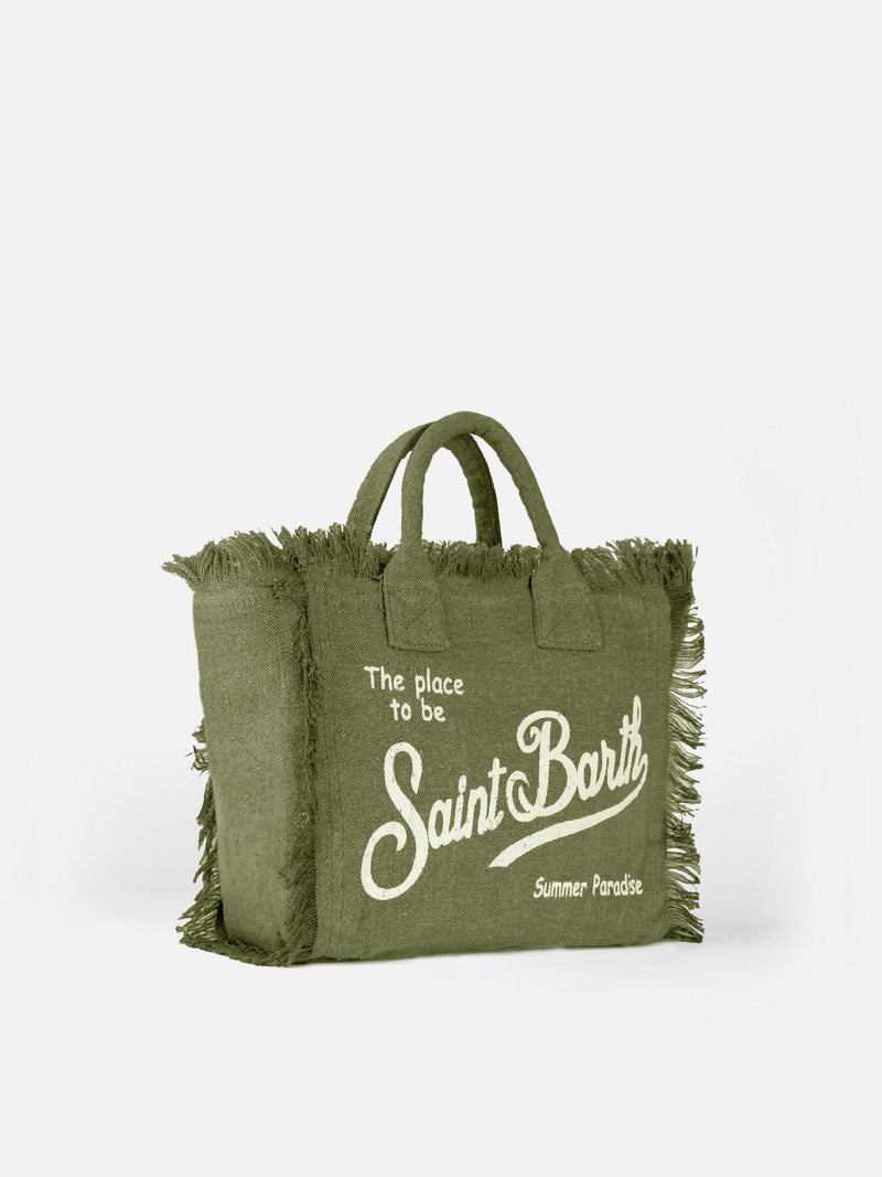 Borsa a mano Colette Linen verde militare con stampa logo Saint Barth