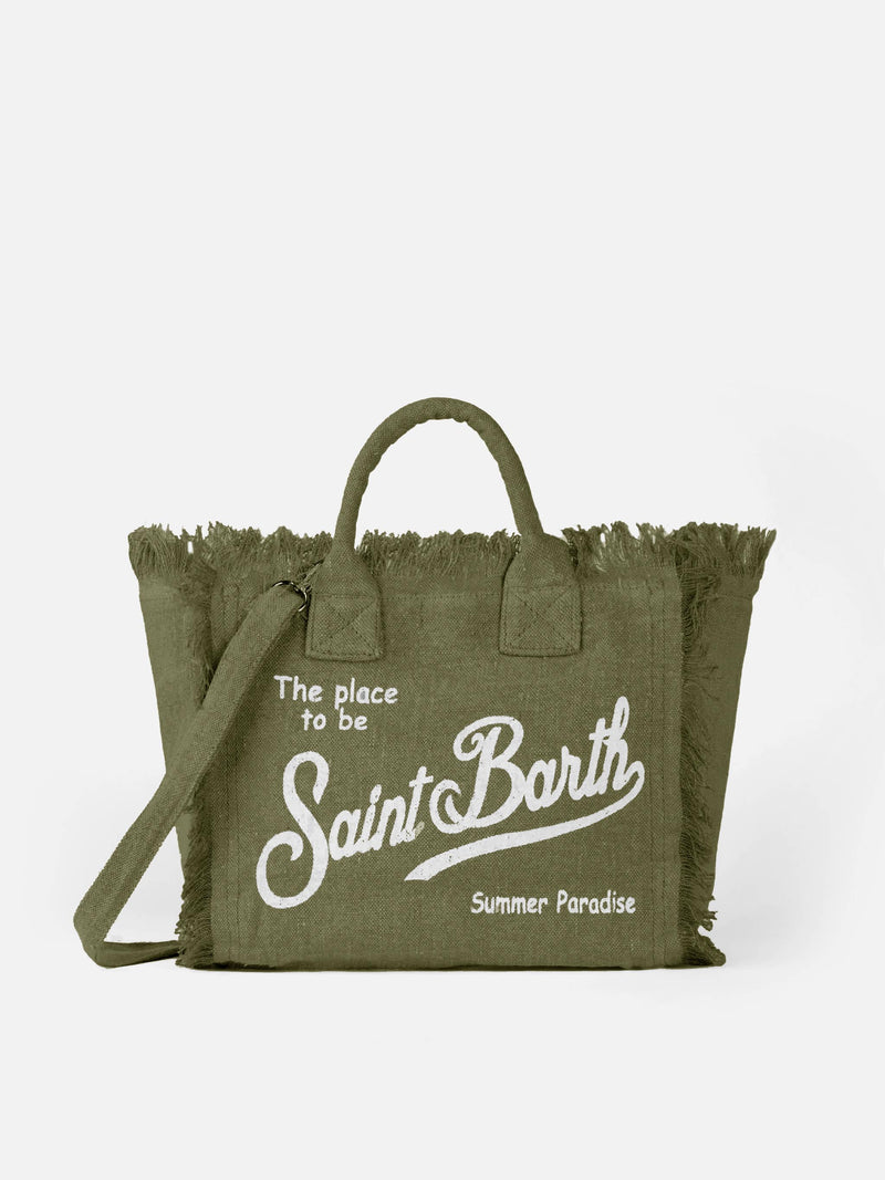 Borsa a mano Colette Linen verde militare con stampa logo Saint Barth